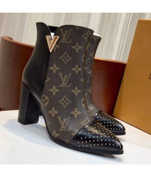Louis Vuitton Monogram Canvas/Studded Leather Ankle Boot Black 2018 (GD1054-8121521 )