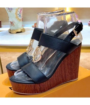 Louis Vuitton Calfskin LV Circle Wedge Heel Sandals Black 2019 (1054-9062832 )