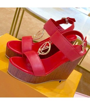 Louis Vuitton Calfskin LV Circle Wedge Heel Sandals Red 2019 (1054-9062834 )