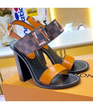 Louis Vuitton Passenger Oversized LV High-Heel Sandals in Damier Canvas and Orange Patent Leather 2019 (1054-9062842 )