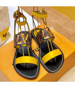 Louis Vuitton Passenger Oversized LV Flat Sandals in Damier Canvas and Yellow Patent Leather 2019 (1054-9062845 )