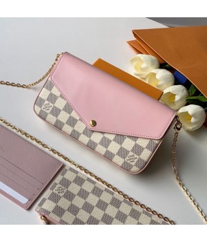Louis Vuitton Pochette Fﾨﾦlicie Clutch with Chain N60235 Damier Azur Canvas/Pink 2019 (KD-9041130 )