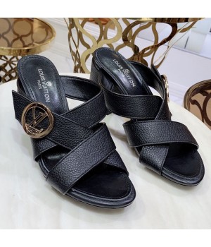 Louis Vuitton Horizon Calfskin LV Circle Heel Mule Sandals Black 2019 (1050-9061817 )