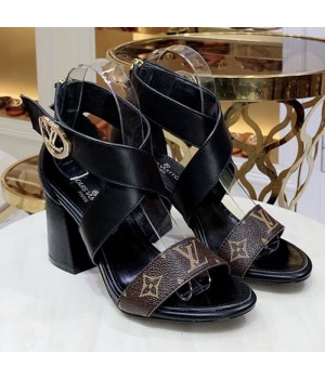 Louis Vuitton Horizon Calfskin Monogram Cross-Over Straps LV Circle Heel Sandals Black 2019 (1050-9061824 )