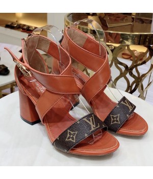 Louis Vuitton Horizon Calfskin Monogram Cross-Over Straps LV Circle Heel Sandals Tan 2019 (1050-9061825 )
