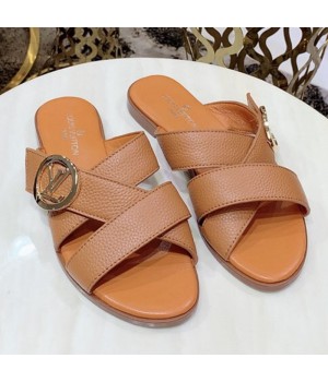 Louis Vuitton Horizon Calfskin LV Circle Flat Mule Sandals Apricot 2019 (1050-9061827 )