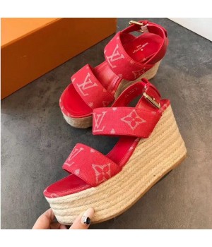Louis Vuitton Monogram Canvas Wedge Espadrilles Sandals Red 2019 (EM-9051523 )