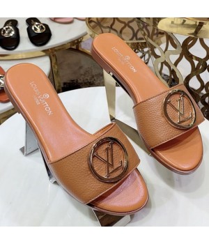 Louis Vuitton Lock It LV Circle Calfskin Flat Slide Sandals Brown 2019 (1050-9061835 )