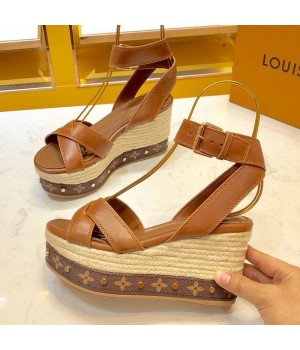 Louis Vuitton Leather Monogram Wedge Espadrilles Sandals Brown 2019 (1054-9051558 )