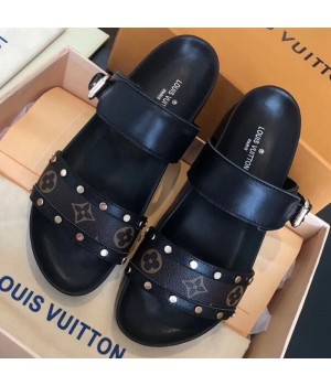 Louis Vuitton Bom Dia Studs Monogram Leather Flat Sandals 1A4WWS Black 2019 (CSBL-9070439 )