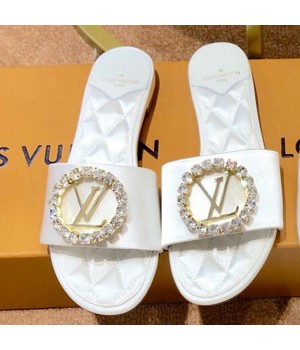 Louis Vuitton Madeleine Silk Crystal LV Circle Flat Slide Sandals White 2019 (1054-9062125 )
