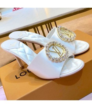 Louis Vuitton Madeleine Silk Crystal LV Circle Heel Slide Sandals White 2019 (1054-9062126 )