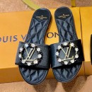 Louis Vuitton Madeleine Silk Crystal LV Circle Flat Slide Sandals Black 2019 (1054-9062123 )