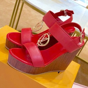Louis Vuitton Calfskin LV Circle Wedge Heel Sandals Red 2019 (1054-9062834 )