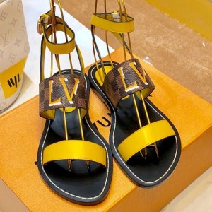 Louis Vuitton Passenger Oversized LV Flat Sandals in Damier Canvas and Yellow Patent Leather 2019 (1054-9062845 )