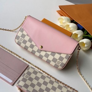 Louis Vuitton Pochette Fﾨﾦlicie Clutch with Chain N60235 Damier Azur Canvas/Pink 2019 (KD-9041130 )
