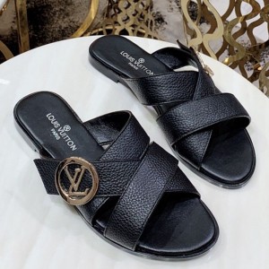 Louis Vuitton Horizon Calfskin LV Circle Flat Mule Sandals Black 2019 (1050-9061826 )