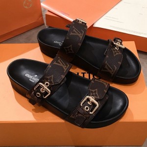 Louis Vuitton Bom Dia Monogram Leather Flat Sandals 1A4WJK Black 2019 (HQG-9051611 )