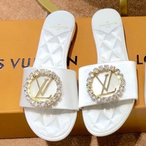 Louis Vuitton Madeleine Silk Crystal LV Circle Flat Slide Sandals White 2019 (1054-9062125 )