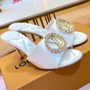 Louis Vuitton Madeleine Silk Crystal LV Circle Heel Slide Sandals White 2019 (1054-9062126 )